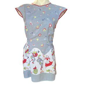 950s Cotton Apron With Folk Art Italian Style Dance Music Print  Red Trim VTG